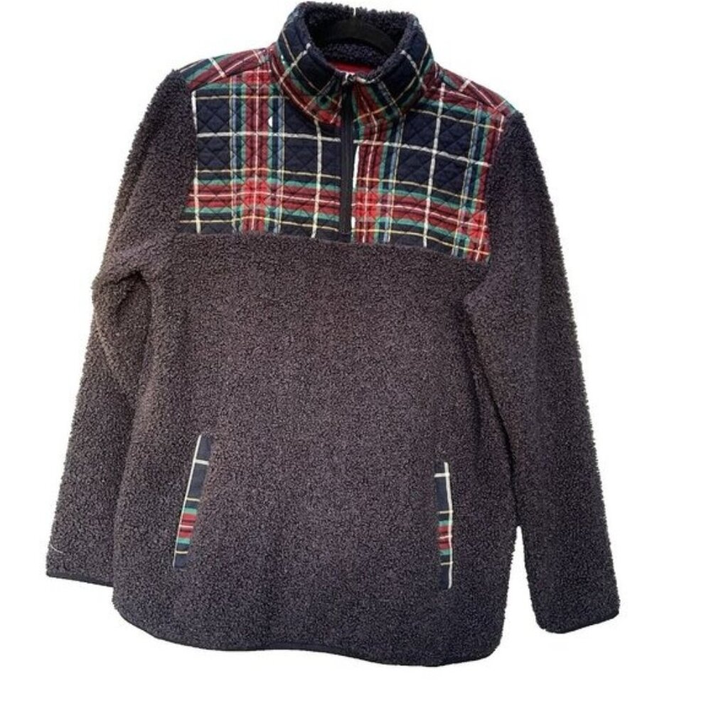 Vera Bradley teddy Fleece Plaid 1/4 Zip Jacket popover Large Preppy coastal